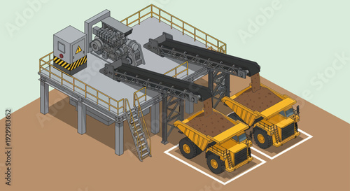 Industrial mining equipment with dump trucks loading materials.