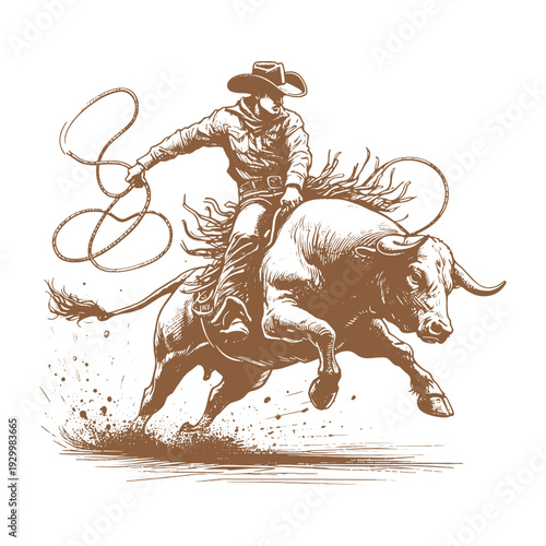 Cowboy bull rider with bull kicking up back legs sketch on white background.