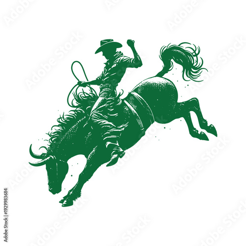 A cowboy rides a bucking bronco in a rodeo Silhouette on white background.