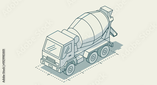 Isometric Concrete Mixer Truck Outline Drawing Construction Vehicle.