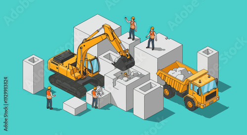 Isometric Construction Site with Excavator, Dump Truck, and Workers.