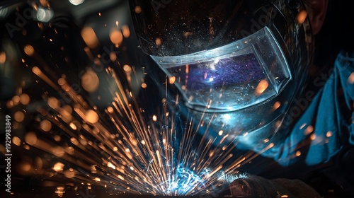 Welder in protective gear welding metal sparks.