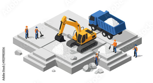 Isometric Construction Site with Excavator, Dump Truck, and Workers.