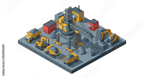 Isometric Construction Site with Heavy Machinery and Cranes.