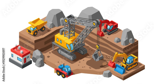Isometric Construction Site with Heavy Machinery and Building Materials.