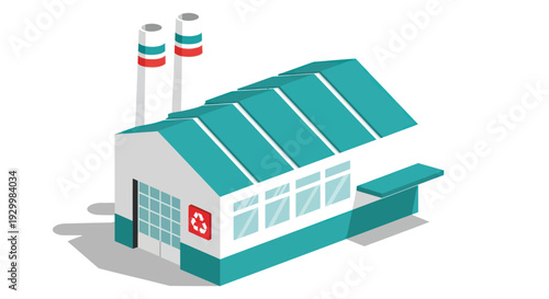 Isometric Factory Building with Chimneys and Production Line.