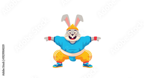 Cartoon illustration of a grey rabbit wearing a blue shirt and orange pants performing a squat exercise on white.