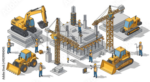Isometric Construction Site with Workers and Heavy Machinery.
