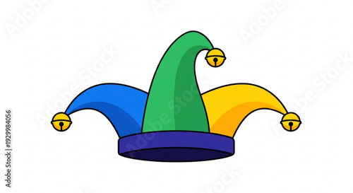 Colorful jester's hat with bells on a white background symbolizing fun and entertainment