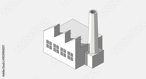 Isometric Factory Building with Tall Chimney and Windows.