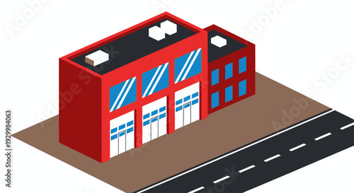 Isometric Fire Station Building with Garage Doors and Windows.