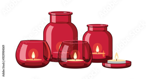 Five red glass candle holders with burning tea light candles are arranged in a group against a plain white background.