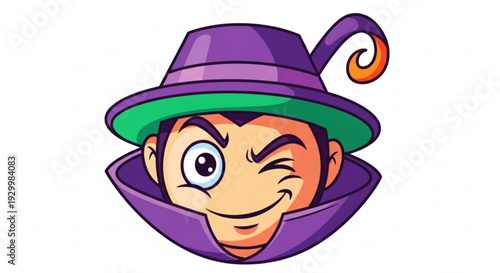 Cartoon jester's head with purple hat and green brim smiling winking on white background