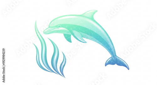 Dolphin jumping out of water with seaweed aquatic mammal in ocean swimming freely in sea