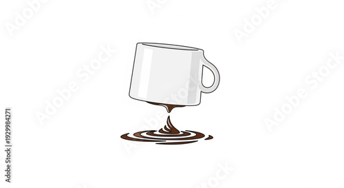 Brown liquid pouring from white mug with handle on right spilling on flat surface creating ripples simple illustration