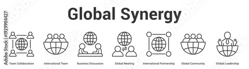 Global Synergy web banner icon set vector illustration concept for business with icon of Team Collaboration, International Team, Business Discussion, Global Meeting, International Partnership, Glo.
