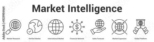 Market Intelligence web banner icon set vector illustration concept for business with icon of Market Research, Verified Market, International Market, Financial Network, Sales Forecast, Market Expansi.