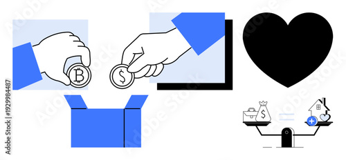 Financial concepts. cryptocurrency use, donations, and balance between wealth and emotional values. Financial elements in modern life. For fintech, nonprofit campaigns, decision-making graphics
