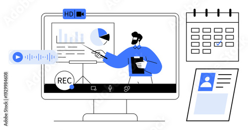 Video conferencing concept. Video conferencing tools , including charts, calendar, recording, and user profiles. Video conferencing for remote work, education, collaboration webinars virtual events
