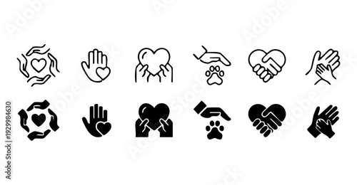 Care and Support Icons Set – Hand, Heart, Paw, and Help Symbols