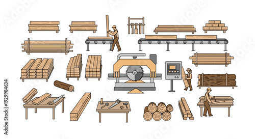 A comprehensive collection of vector illustrations showing various sawmill machines workers and stacks of lumber isolated on a plain white background.