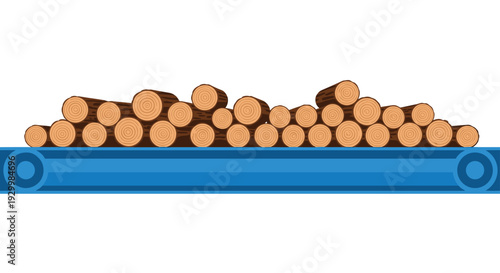 Horizontal vector illustration of numerous brown wooden logs with growth rings moving along a bright blue industrial conveyor belt on a white background.
