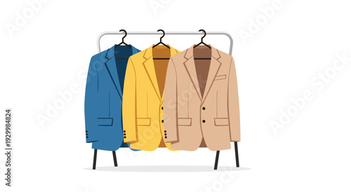 Three formal men blazers in blue yellow and beige colors hanging on a silver metal clothing rack isolated on a plain white background illustration.