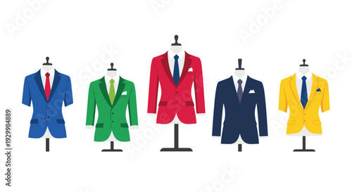 Five formal men suits in various colors including red green and blue displayed on black torso mannequins in a row against a white background.