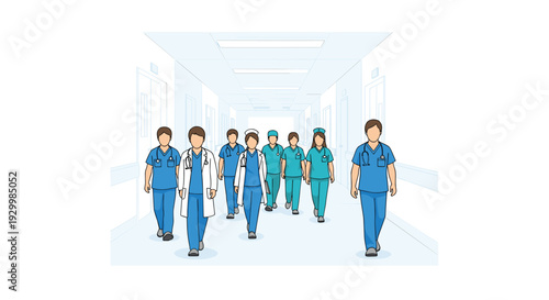A diverse group of medical staff including doctors and nurses walk forward through a long white hospital corridor with blue accents.