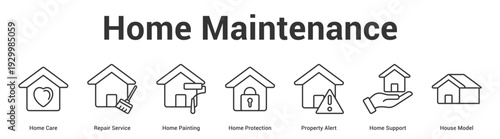 Home Maintenance web banner icon set vector illustration concept for business with icon of Home Care, Repair Service, Home Painting, Home Protection, Property Alert, Home Suppo.
