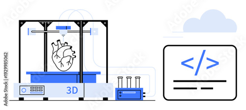 Medical innovation, 3D printing, biotechnology, coding, future technology, healthcare solutions. 3D printer creating a human heart beside a coding symbol. Medical innovation and 3D printing concept