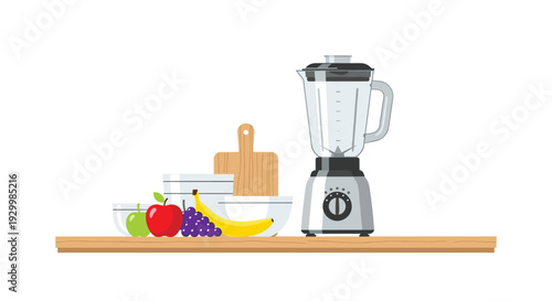 A silver electric blender sits on a wooden kitchen countertop next to various fruits including apples grapes and a yellow banana.