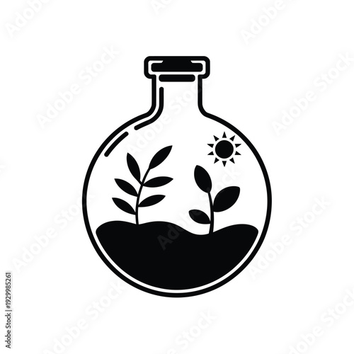 A black and white illustration of a terrarium with plants and sun