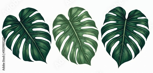 Three large monstera leaves with deep green color, white accents displayed against clean white background. Tropical foliage shows detailed natural patterns, veins. Leaves offer fresh botanical