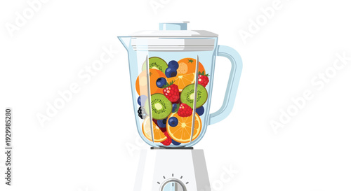 A transparent blender jar is filled with colorful sliced fruits including kiwi orange and berries ready for making a healthy smoothie.