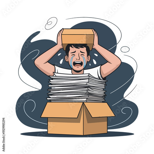 Crying employee overwhelmed by huge stack of paperwork buried inside a delivery box.