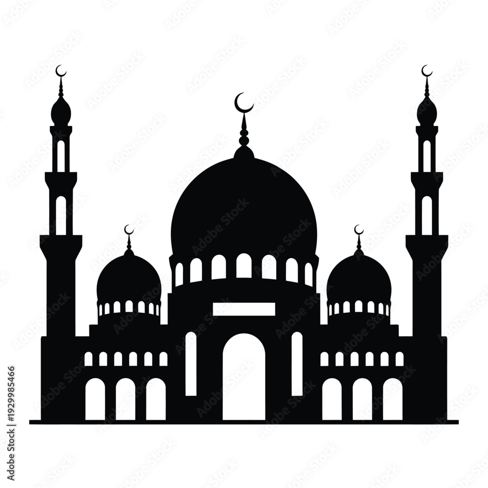 Fototapeta premium Silhouette of a black mosque with domes and crescent moon symbols