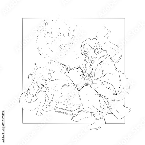 Witch Reading Spellbook with Dragon