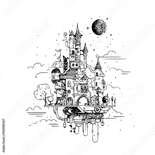 Fantasy Castle Floating in Sky with Moon and Clouds