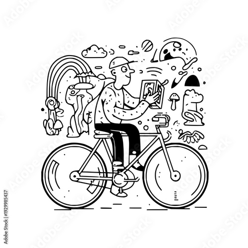 Man Riding Bicycle Holding Tablet with Rainbow and Mushrooms