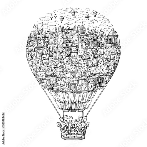 Hot Air Balloon with Cityscape and Crowded Basket Floating Above Town