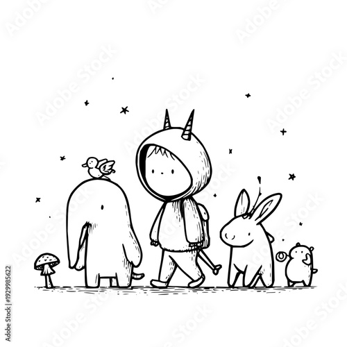 Cartoon child in devil costume walking with rabbit and monster under stars