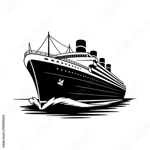 Ocean liner illustration shows a large passenger ship cruising through ocean waves.