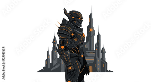 A side profile illustration of a futuristic armored knight with glowing orange circuits standing against a grey minimalist cityscape background under a white sky.