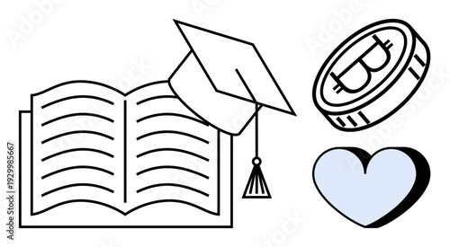Education, cryptocurrency, finance, learning, love, modern concepts. Open book, graduation cap Bitcoin coin and heart symbol in minimal style. Education and cryptocurrency