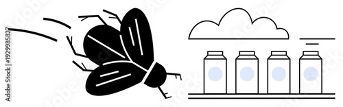 Contamination issue. Contamination by a fly near milk bottles highlights health concerns. Contamination awareness for food safety and hygiene. Useful in health, food safety, public awareness