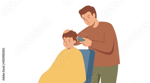 Father giving little son a haircut at home with hair clippers, family bonding DIY parenthood vector