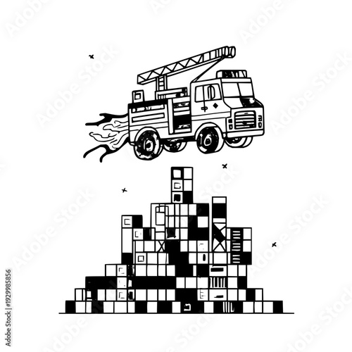 Fire Truck Flying Over Burning Cubes