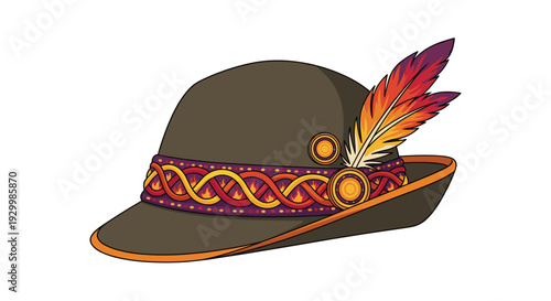 A traditional brown felt Tyrolean hat with a colorful woven band and two vibrant feathers tucked into the side against a plain white background.