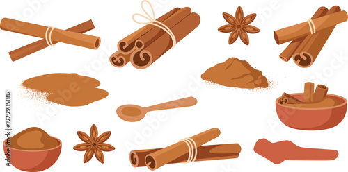 Cinnamon sticks, ground powder and star anise spice vector illustration set for aromatic cooking and baking design